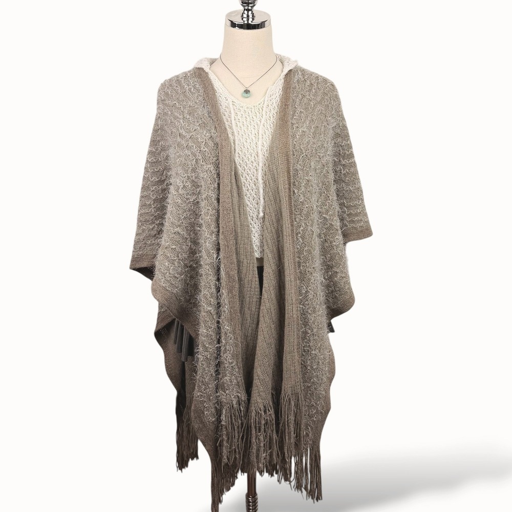 Boho Fringe Knit Poncho Taupe Gold Hooded Festival Shawl‎ Oversized OS